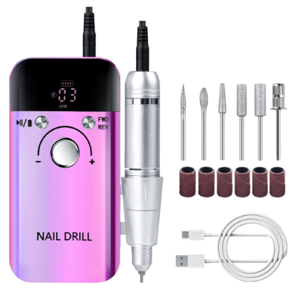 Professional Electric Nail Drill 45000RPM, Rechargeable Portable Nail File Kit with 6 Bits & LCD Display