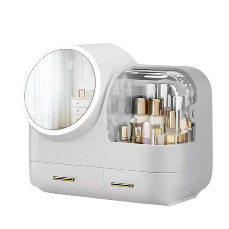 LED Vanity Makeup Organiser with Partition Storage and Touch-Control Mirror - Large Capacity Cosmetic Box - Silk Rolla