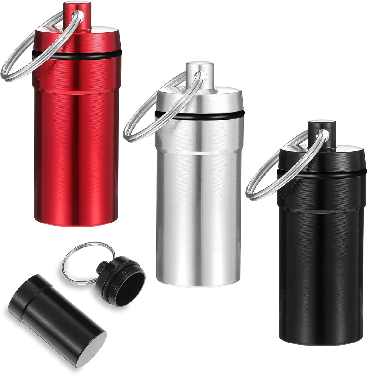 3 Pack Pill Fob Container, Waterproof Aluminum Pill Holder Keychain, Portable Mini Travel Pill Box, Nitroglycerin Pill Case for Pill Organizer Dispenser(Silver, Black, Red)