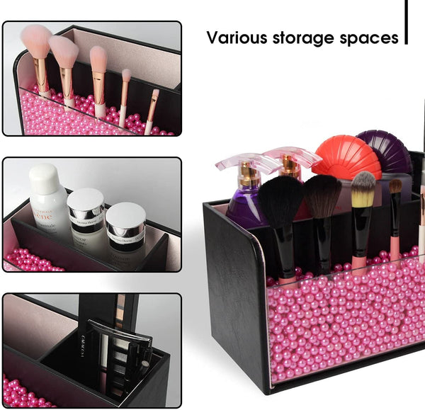 Leather Makeup Brush Cosmetic Organiser Storage Box with Pink Pearls, Acrylic Cover and 3 Compartments