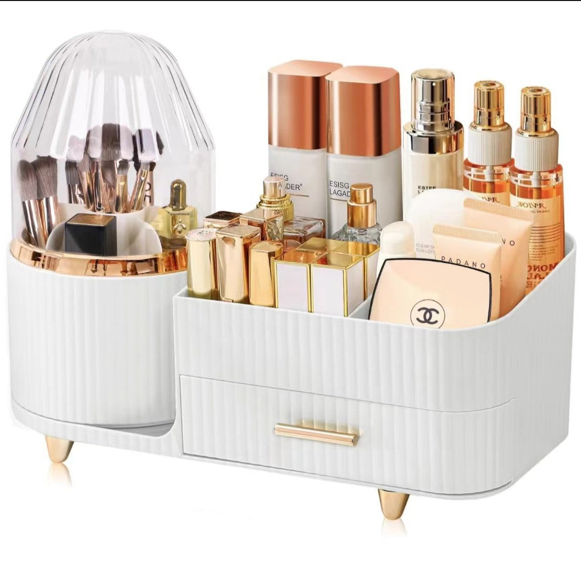 Rotating Makeup Organiser Box - Multi-Compartment Cosmetic Storage with Dust-proof Cover