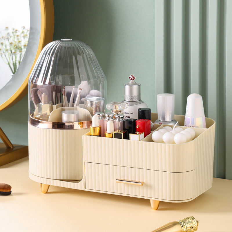 Rotating Makeup Organiser Box - Multi-Compartment Cosmetic Storage with Dust-proof Cover