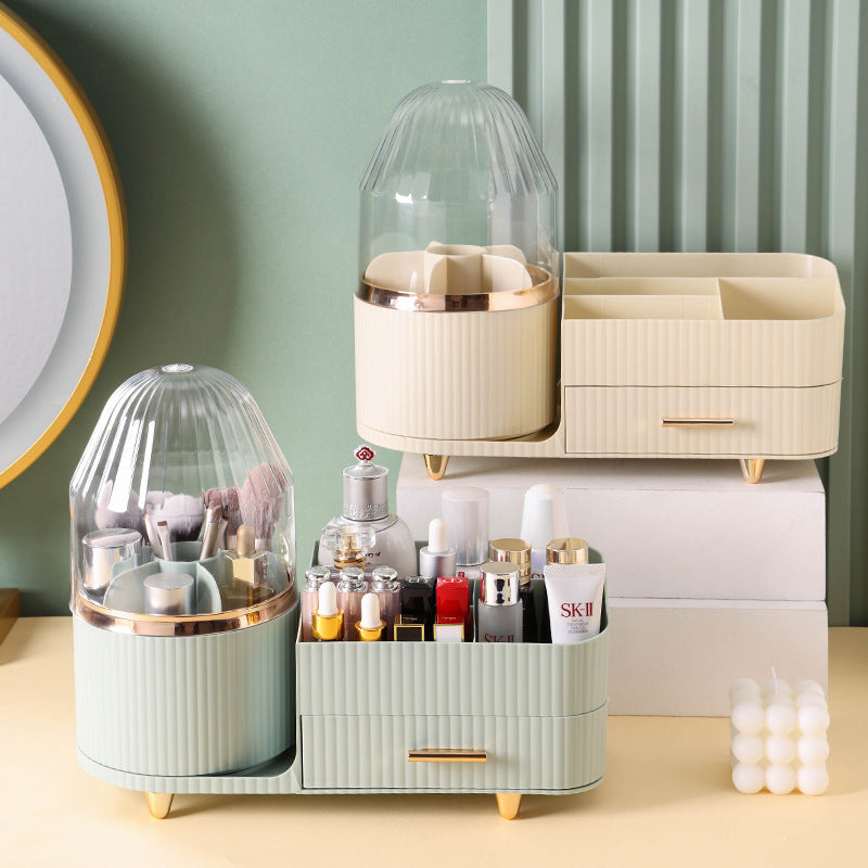 Rotating Makeup Organiser Box - Multi-Compartment Cosmetic Storage with Dust-proof Cover