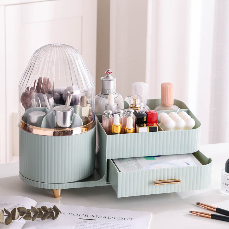 Rotating Makeup Organiser Box - Multi-Compartment Cosmetic Storage with Dust-proof Cover