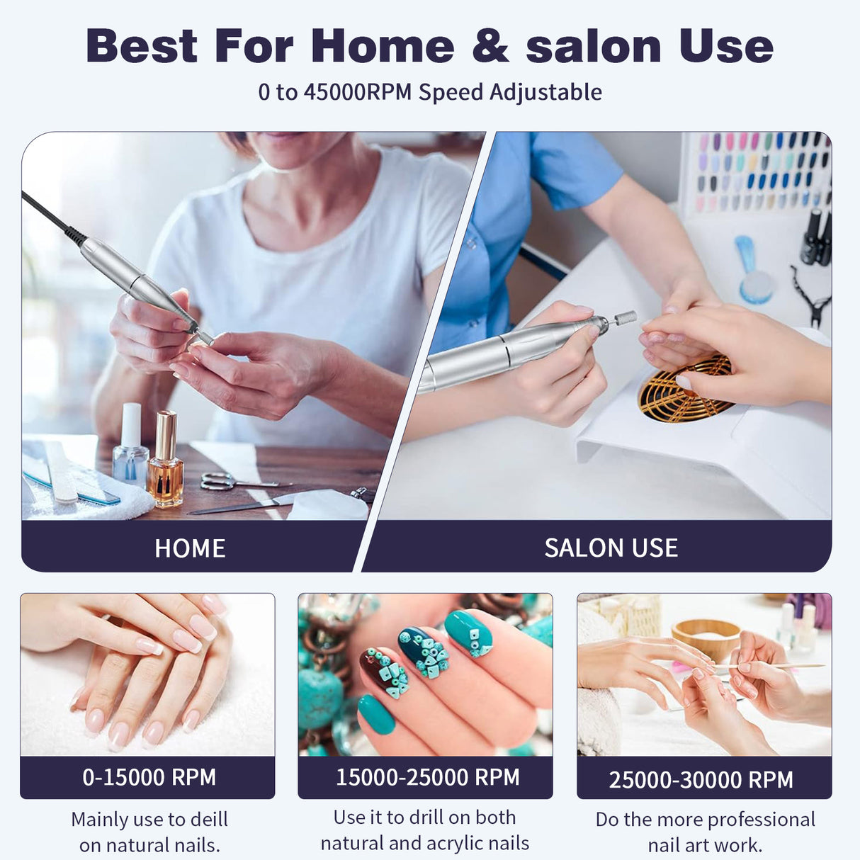 Professional Rechargeable Nail Drill, 45000RPM Portable Electric Nail File for Manicure & Pedicure