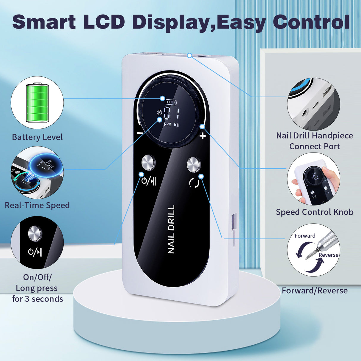 Professional Rechargeable Nail Drill, 45000RPM Portable Electric Nail File for Manicure & Pedicure