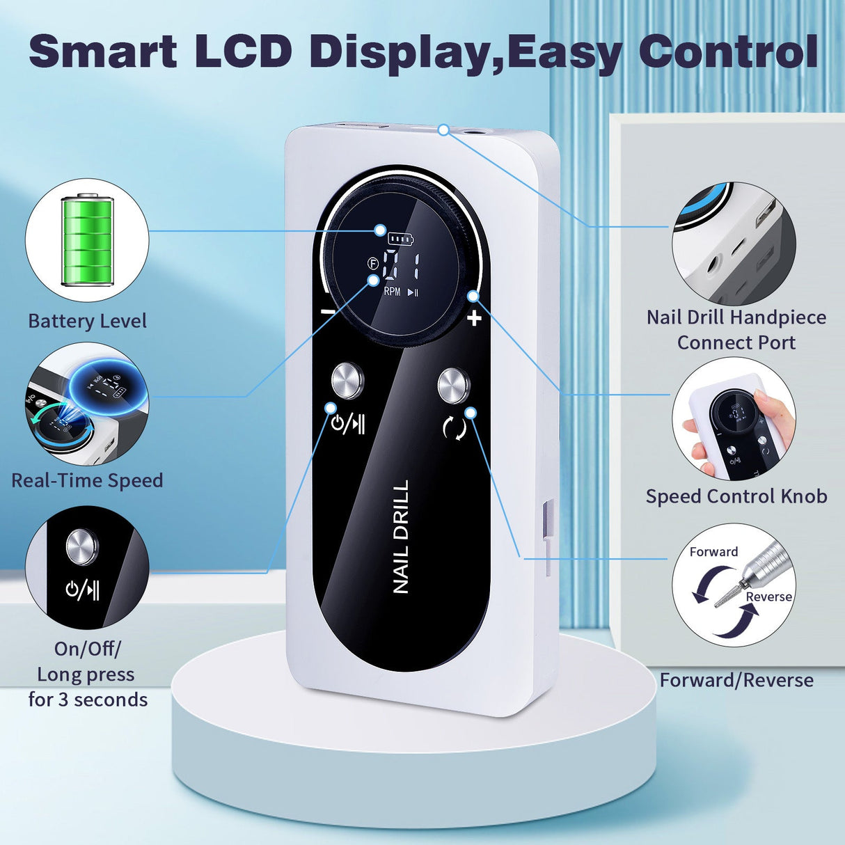 Professional Rechargeable Nail Drill, 45000RPM Portable Electric Nail File for Manicure & Pedicure