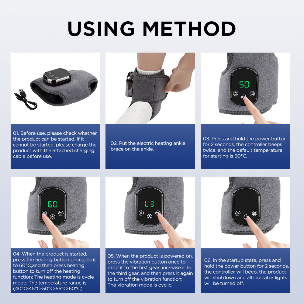 Electric Heated Ankle Brace - Rechargeable Vibration Massager with 5 Heat Levels & 3 Modes