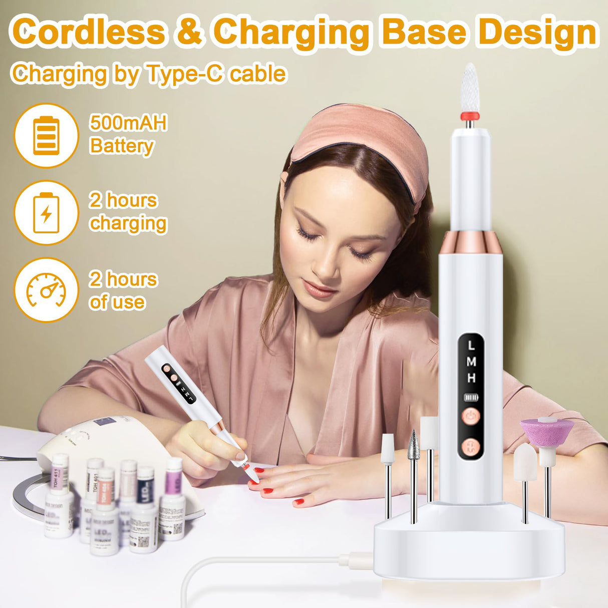 Cordless Electric Nail Drill Kit - Portable Manicure Pedicure Polisher with 12 Drill Bits
