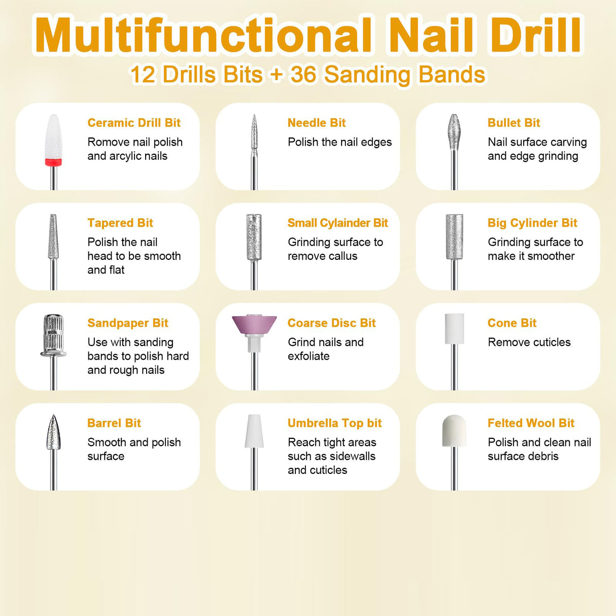 Cordless Electric Nail Drill Kit - Portable Manicure Pedicure Polisher with 12 Drill Bits