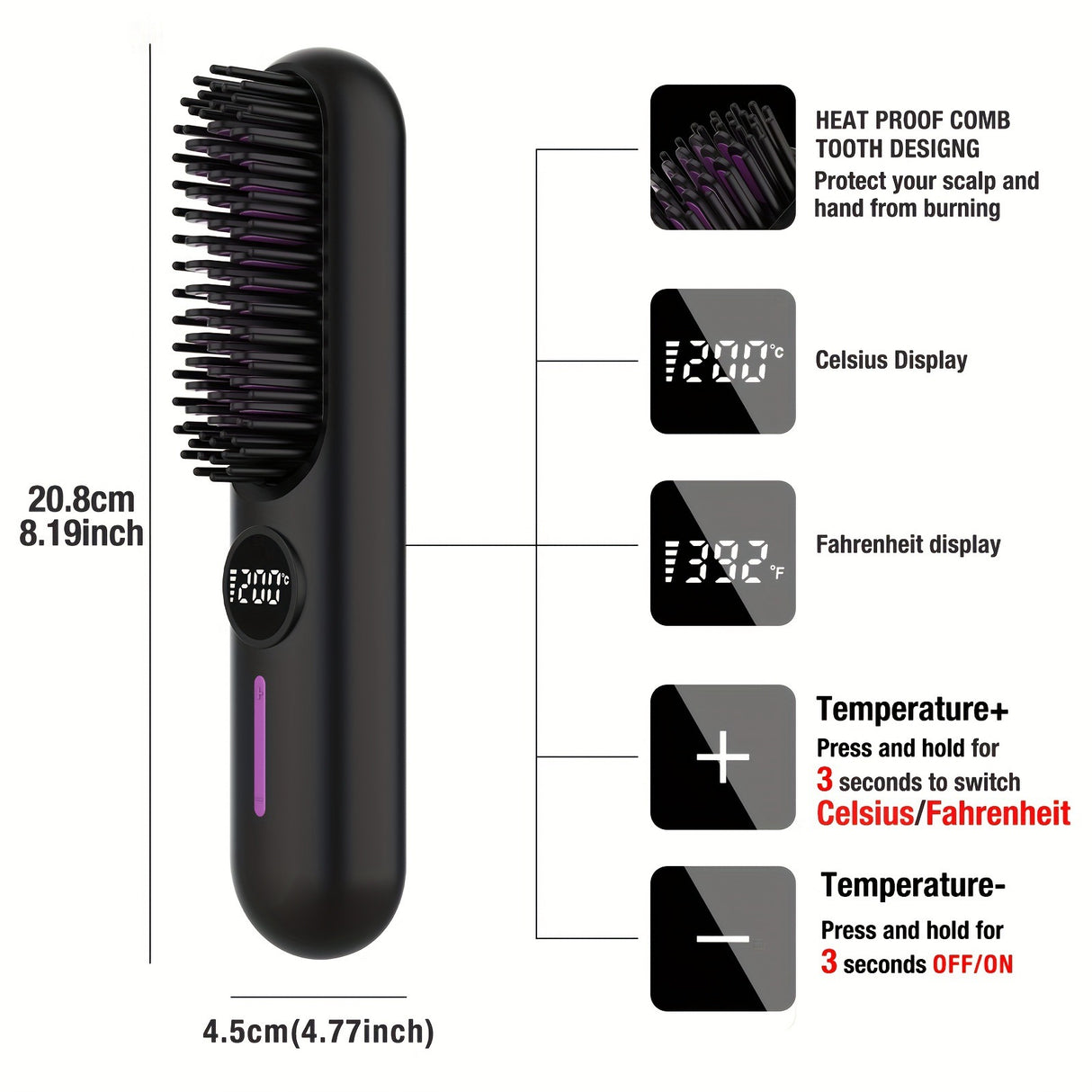 Professional 2-In-1 Cordless Hair Straightener Brush with LED Display