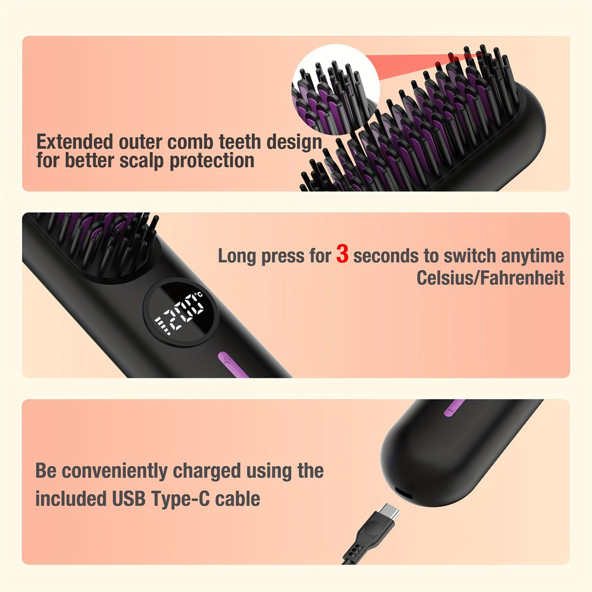 Professional 2-In-1 Cordless Hair Straightener Brush with LED Display