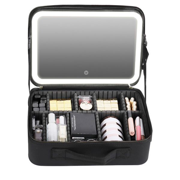 Professional Large Makeup Vanity Case With LED Light & Mirror Portable Travel Cosmetic Case