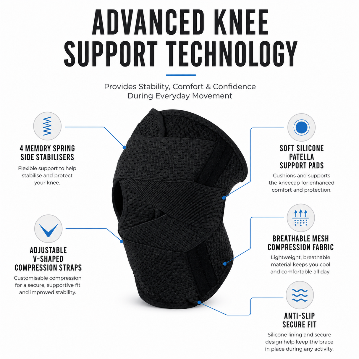 Knee Brace with Side Stabilisers and Compression Support