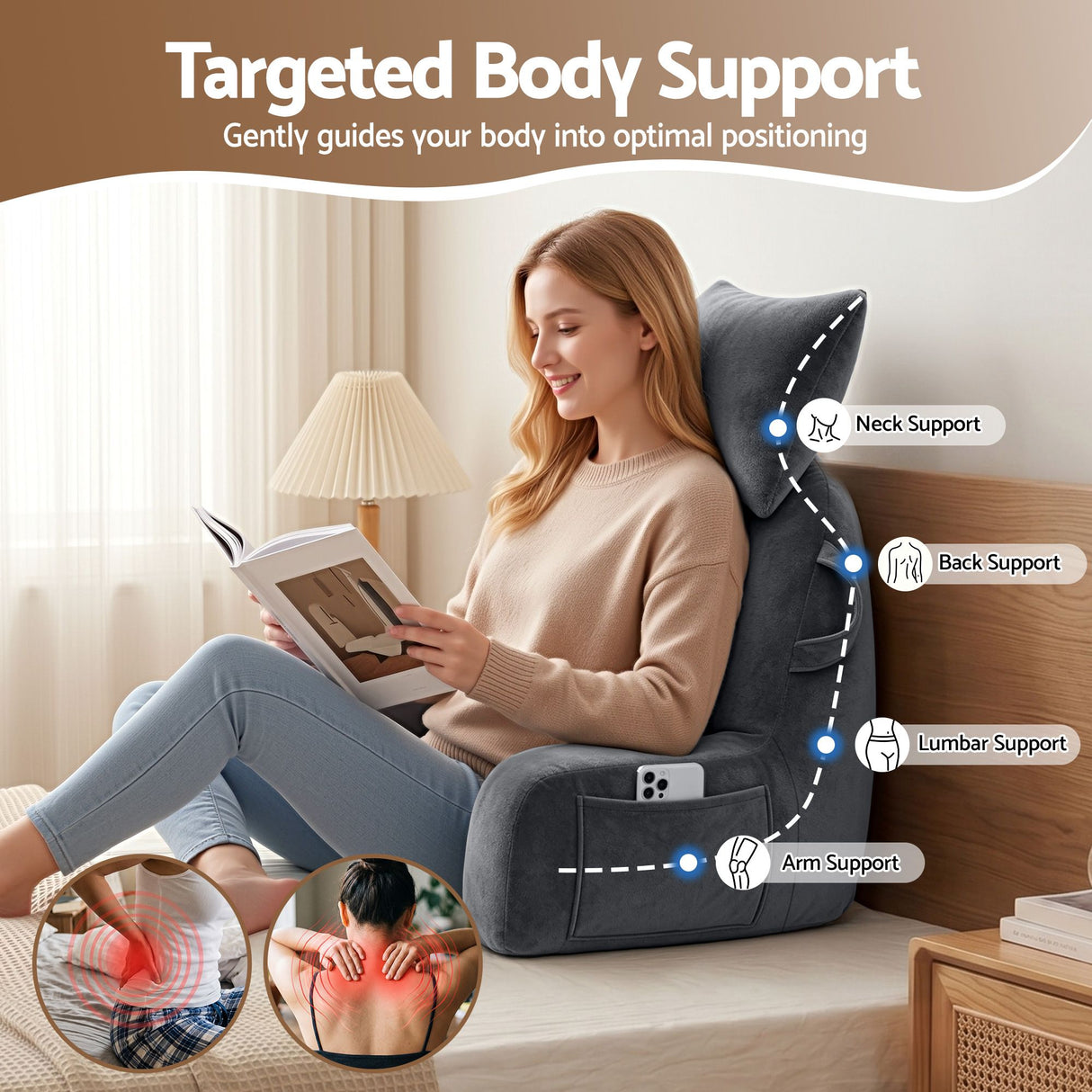 Reading Pillow for Bed with Neck & Lumbar Support