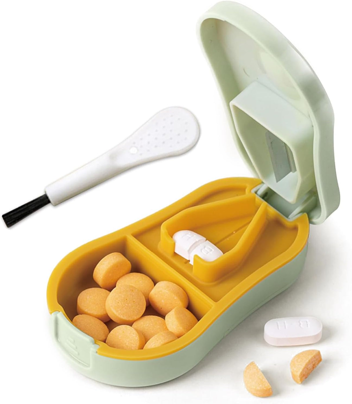 Pill Cutter Splitter for Small and Tiny Pills - Pill Cutter 1/4 - Accurately Cuts Multiple Pills - Easy Open Snap Button. Detachable Nonslip V-Shaped Pad. Wrap-Around Blade Guard. Back Storage (Cyan)
