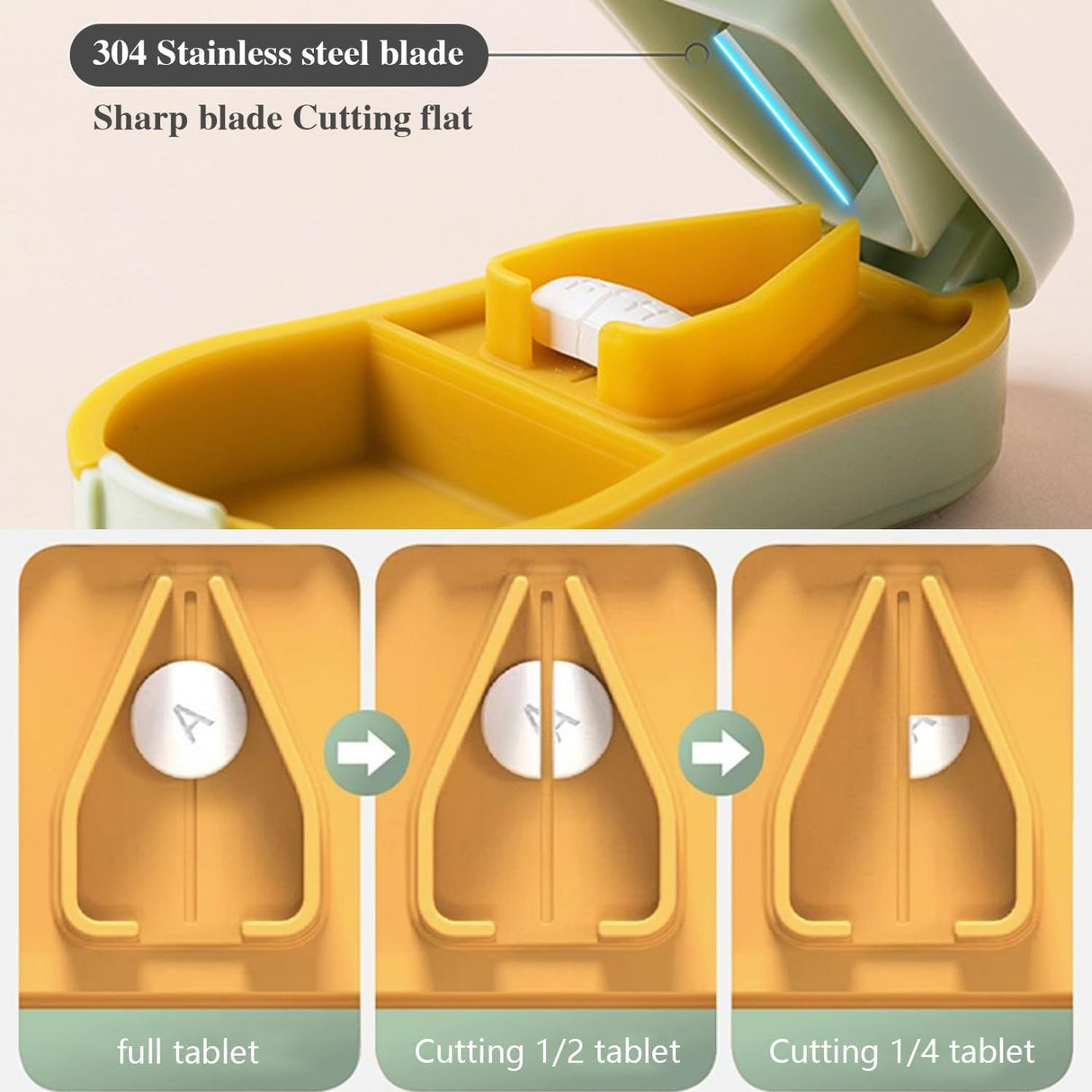 Pill Cutter Splitter for Small and Tiny Pills - Pill Cutter 1/4 - Accurately Cuts Multiple Pills - Easy Open Snap Button. Detachable Nonslip V-Shaped Pad. Wrap-Around Blade Guard. Back Storage (Cyan)
