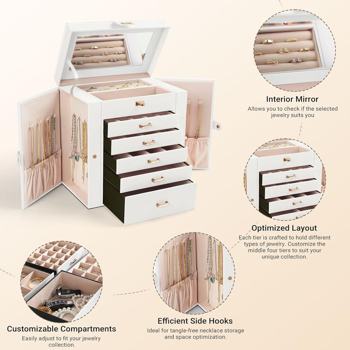 6-Tier Jewellery Box with Mirror & Lockable Lid