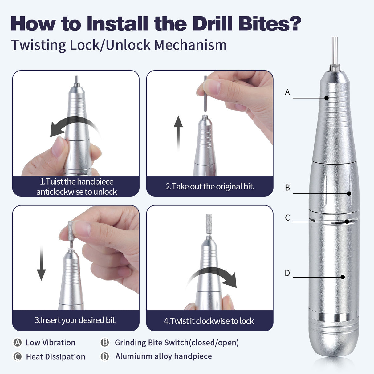 Professional Electric Nail Drill, 45000RPM Rechargeable Nail Grinder Polisher
